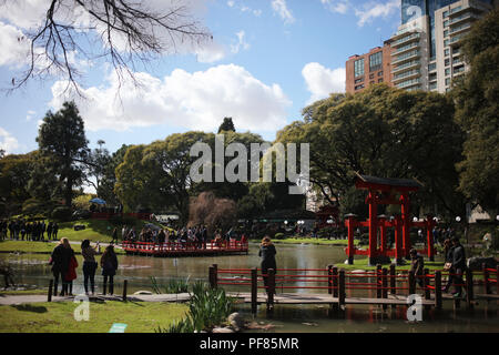 BUENOS AIRES, ARGENTINA - AUGUST 19: Jardin Japones (Japanese Garden) in Buenos Aires. People walking on the festival for the 120 years of freandship  Stock Photo