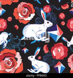 Seamless bright pattern of jumping hares  Stock Vector