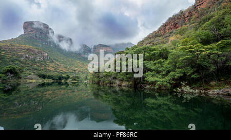 Blyde river canyon in South Africa with wide vistas of the jungle, sand stone mountains and water. Stock Photo