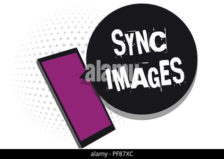 Handwriting text writing Sync Images. Concept meaning Making photos identical in all devices Accessible anywhere Cell phone receiving text messages ch Stock Photo