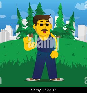 Yellow man showing deny or refuse hand gesture. Vector cartoon illustration. Stock Vector