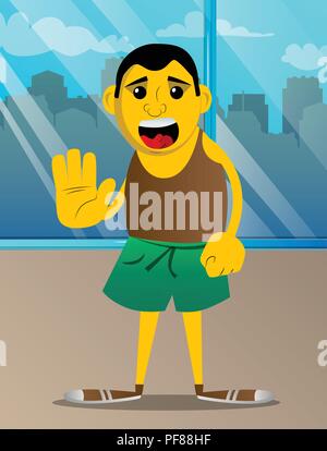 Yellow man showing deny or refuse hand gesture. Vector cartoon illustration. Stock Vector