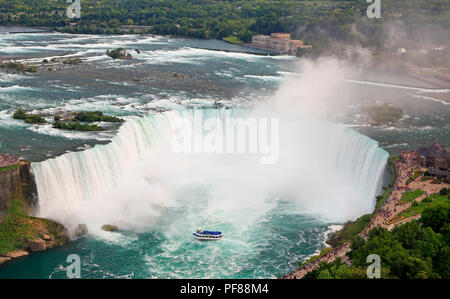 Horseshoe Falls in Niagara and Maid of the Mist boat, aerial view Stock Photo