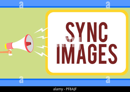 Handwriting text writing Sync Images. Concept meaning Making photos identical in all devices Accessible anywhere Man holding megaphone loudspeaker spe Stock Photo