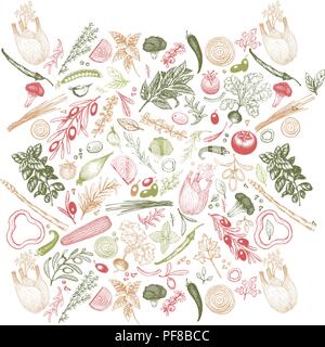 Vegetables and herbs vector seamless pattern. Vintage engraved style background with olives. Hand drawn illustration. Can be use for menu, packaging,  Stock Vector