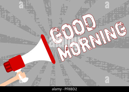 Writing note showing Good Morning. Business photo showcasing A conventional expression at meeting or parting in the morning Man holding megaphone loud Stock Photo