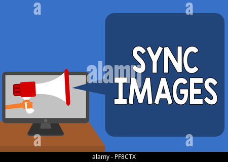 Handwriting text Sync Images. Concept meaning Making photos identical in all devices Accessible anywhere Man holding Megaphone loudspeaker computer sc Stock Photo