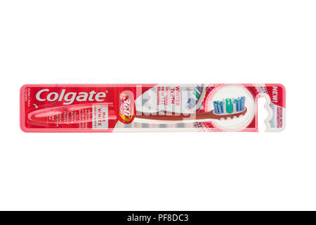 BURGAS, BULGARIA - AUGUST 18, 2018: Colgate Max White Expert White Toothbrush isolated on white, with clipping path. Stock Photo