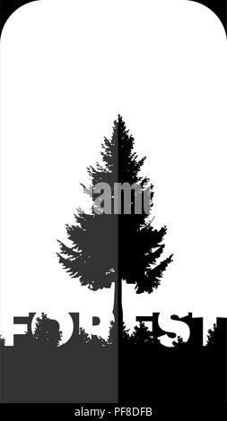 Design of the poster with the word forest and the silhouette of the trees Stock Vector