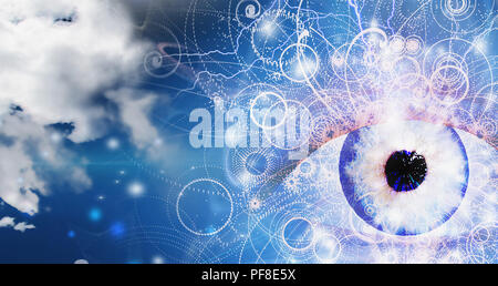 Surreal digital art. Blue giant eye in the cloudy sky. Stock Photo