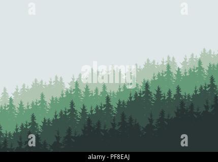 Vector illustration of a dense coniferous forest on a hill under a cloudy green sky - with multi-layer effect and space for text Stock Vector