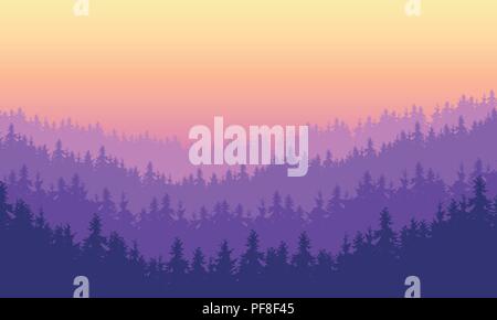 Vector illustration dense coniferous forest on a hill under a morning or evening sky with purple dawn - with the effect of multiple layers and space f Stock Vector