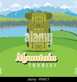 Backpack on hill with mountain and lake landscape. Flat and solid color style vector. Stock Vector