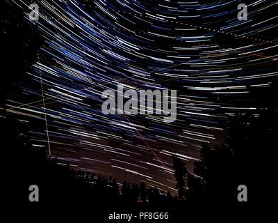 Night sky with star trails over the black silhouette of the forest. Over star trails that form parts of concentric circles there are direct dotted tra Stock Photo