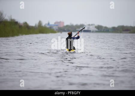 Belarus, Gomel, 25 April 2018. Training in rowing. A woman is on canoe Stock Photo