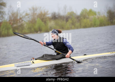 Belarus, Gomel, 25 April 2018. Rowing base. Training in rowing.Future champion in rowing Stock Photo