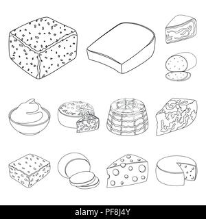 Different kind of cheese outline icons in set collection for design.Milk product cheese vector symbol stock  illustration. Stock Vector