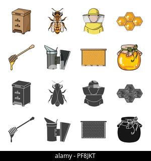 A frame with honeycombs, a ladle of honey, a fumigator from bees, a jar of honey.Apiary set collection icons in black,cartoon style vector symbol stoc Stock Vector