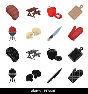 Barbeque grill, champignons, knife, barbecue mitten.BBQ set collection icons in black,cartoon style vector symbol stock illustration, Stock Vector