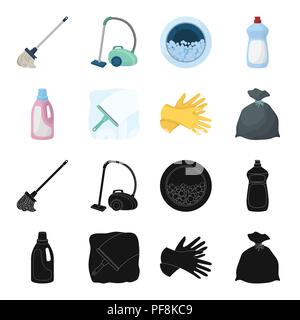 Gel for washing in a pink bottle, yellow gloves for cleaning, a brush for glass, a black bag for garbage or waste. Cleaning set collection icons in bl Stock Vector