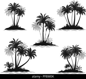 Set Exotic Landscapes, Sea Islands with Palm Trees, Tropical Plants and Grass Black Silhouettes Isolated on White Background. Vector Stock Vector