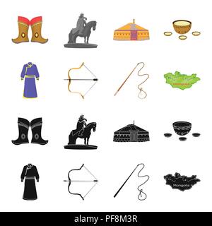 .mongol dressing gown, battle bow, theria on the map, Urga, Khlyst. Mongolia set collection icons in black,cartoon style vector symbol stock illustrat Stock Vector