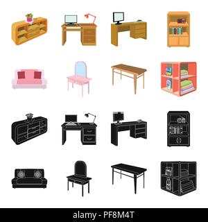 Soft sofa, toilet make-up table, dining table, shelving for laundry and detergent. Furniture and interior set collection icons in black,cartoon style  Stock Vector