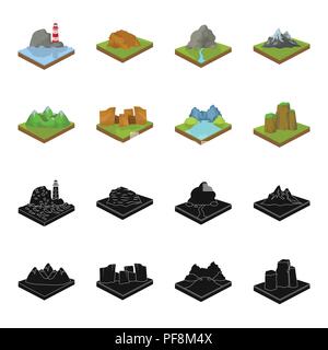 Mountains, rocks and landscape. Relief and mountains set collection icons in black,cartoon style isometric vector symbol stock illustration . Stock Vector