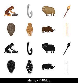 Primitive, woman, man, cattle .Stone age set collection icons in black,cartoon style vector symbol stock illustration . Stock Vector