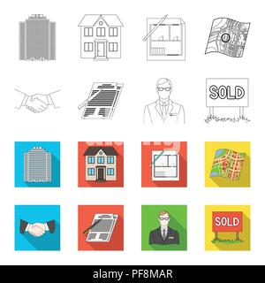 House plan, documents for signing, handshake, terrain plan. Realtor set collection icons in outline,flat style vector symbol stock illustration . Stock Vector