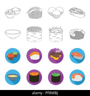 Bowl of soup, caviar, shrimp with rice. Sushi set collection icons in outline,flat style vector symbol stock illustration . Stock Vector