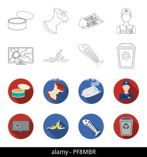 Broken TV monitor, banana peel, fish skeleton, garbage bin. Garbage and trash set collection icons in outline,flet style vector symbol stock illustrat Stock Vector