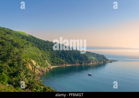 View from the top of mountains of Buyukada island, one of the Princess Islands (Adalar), Marmara Sea, Istanbul, Turkey, with green woods, calm sea, an Stock Photo