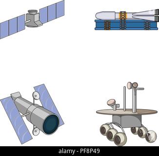 The space station in orbit, the preparation of the launch rocket, the lunar rover on the surface. Space technology set collection icons in cartoon sty Stock Vector