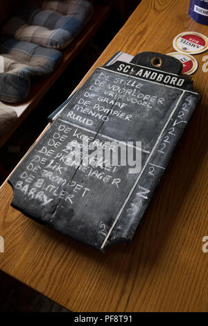 Alkmaar, Netherlands - July 20, 2018: Traditional vintage black board with the nicknames of the cheese carriers and the times the have arrived late Stock Photo