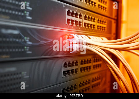 network cable connecting on network core switch close up Stock Photo