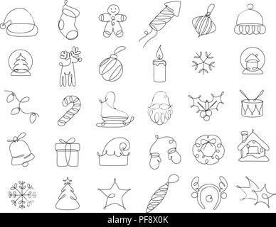 Christmas pen line icons drawing on white background Stock Vector