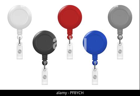 Vector realistic 3d round reel holder clip for graphic Id Card badge set closeup isolated on white background. Design template for mockup Stock Vector