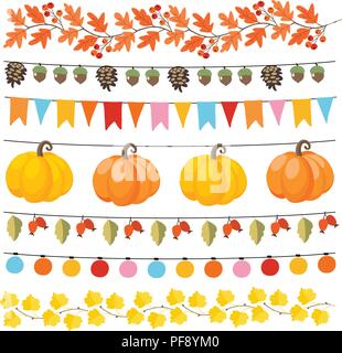 Set of cute autumn, fall garlands with lights, flags, acorns, leaves, pumpkins, pine cones and rose hips. Collection of thanksgiving garden party deco Stock Vector