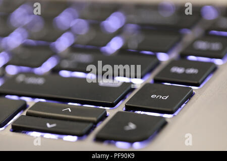 close up of the end symbol button tab on a computer laptop key board. Keyboard character key for end. Stock Photo
