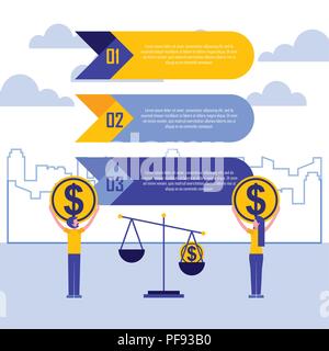 businespeople with coins and scale infographic business Stock Vector