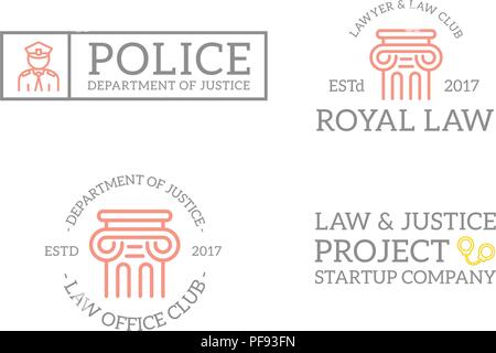 Set of retro vintage officer, handcuffs, column logo or insignia, emblems, labels and badges and other branding objects. Vector line style Stock Vector