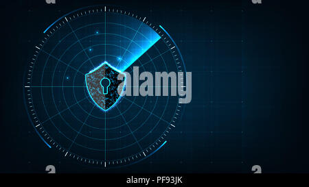 Internet technology cyber security concept of protect and scan computer virus attack  with Shield icon on digital blue realistic radar with targets on Stock Photo