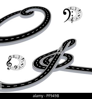 The road is stylized in the form of a violin and bass key in perspective. Music on the road. Isolated. illustration Stock Vector