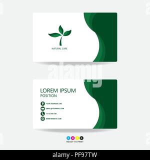 Green nature business card template design green leafs nature. Contact card for company. Front and back side green and white on the gray background. V Stock Vector