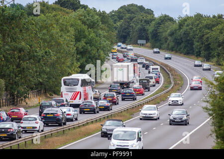Queuing and stationary traffic on closed motorway. A1 motorway junction 7 southbound, Stevenage, Hertfordshire Stock Photo