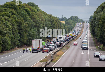 Queuing and stationary traffic on closed motorway. A1 motorway