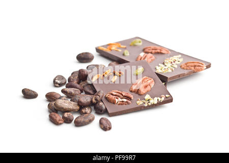 Chocolate bar with various nuts isolated on white background. Stock Photo