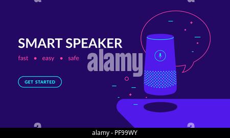 Smart speaker, voice command device with integrated virtual assistant. Flat vector neon website template and landing page design of speaker with speec Stock Vector