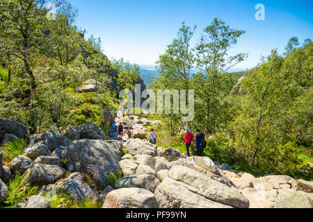 Preikestolen, Norway - 30.06.2018: Peole on Hiking footpath to the Preikestolen and Lysefjord area, Norway Stock Photo